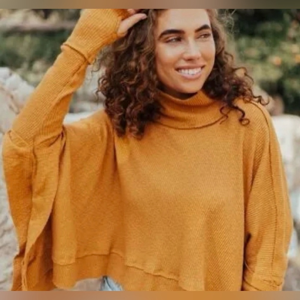 We The Free Mustard Yellow Turtleneck Poncho Sweater